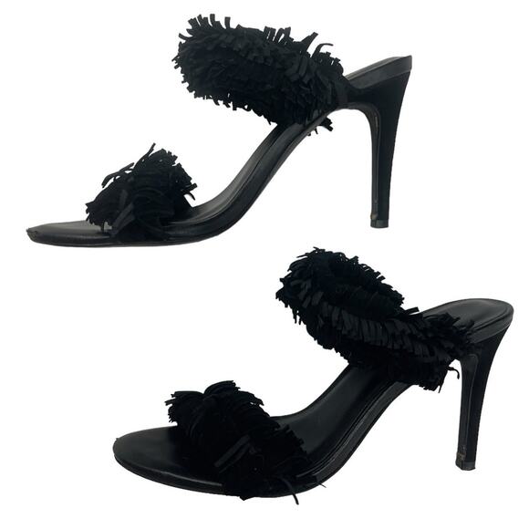 Joie Shoes - Joie Poppi High Heel Fringe Slide Sandals Black Suede Size 8.5 Open Toe Sexy